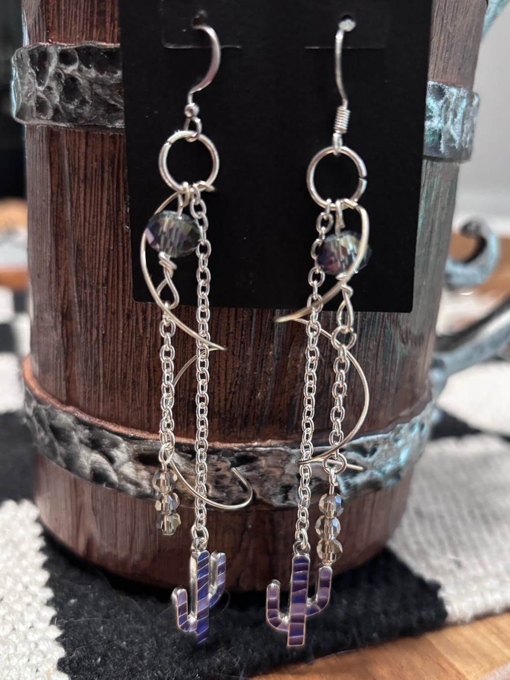 Silver Dangle Cactus Earrings with Purple Accents